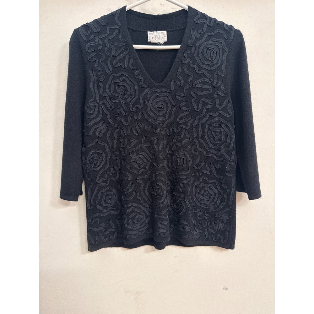 Designers Originals Petite Black Soutache Rose V-Neck Sweater 3/4 Sleeve Top